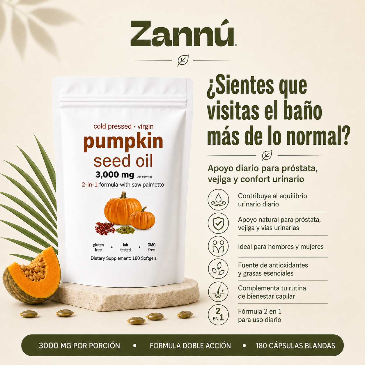 Aceite de Semilla de Calabaza 3000mg con Saw Palmetto | 180 Cápsulas