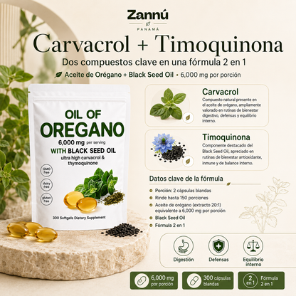 Aceite de Orégano + Aceite de Semilla Negra – 6,000 mg / 300 Cápsulas Blandas