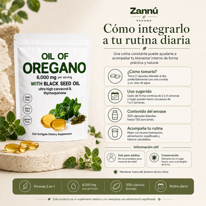 Aceite de Orégano + Aceite de Semilla Negra – 6,000 mg / 300 Cápsulas Blandas