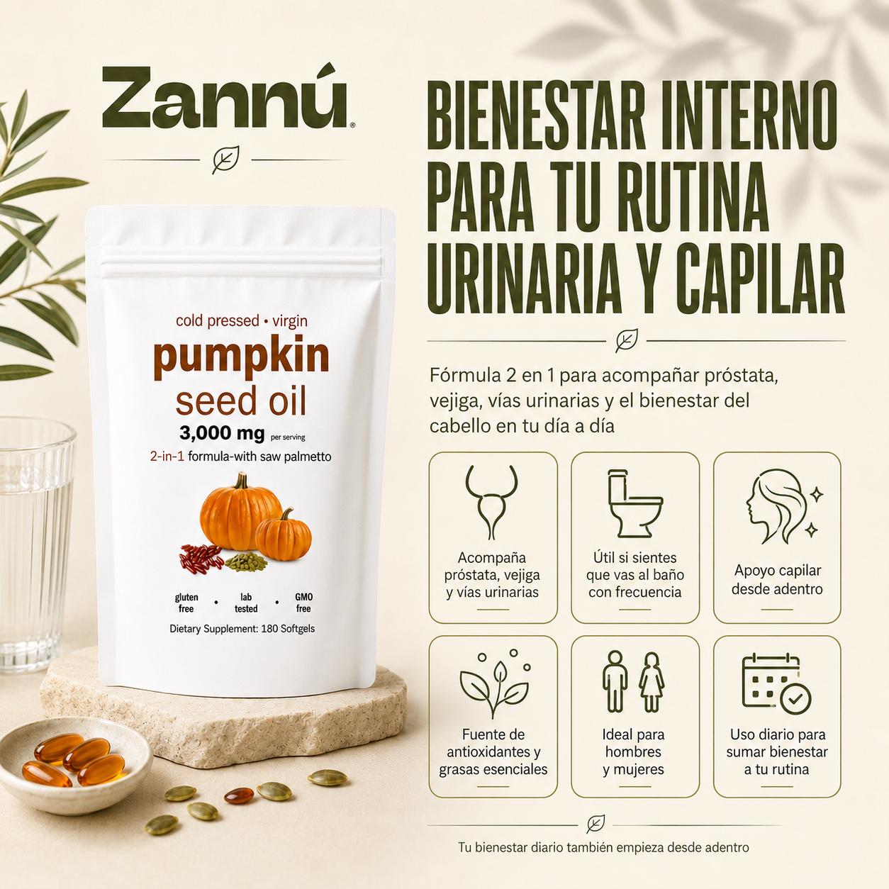 Aceite de Semilla de Calabaza 3000mg con Saw Palmetto | 180 Cápsulas