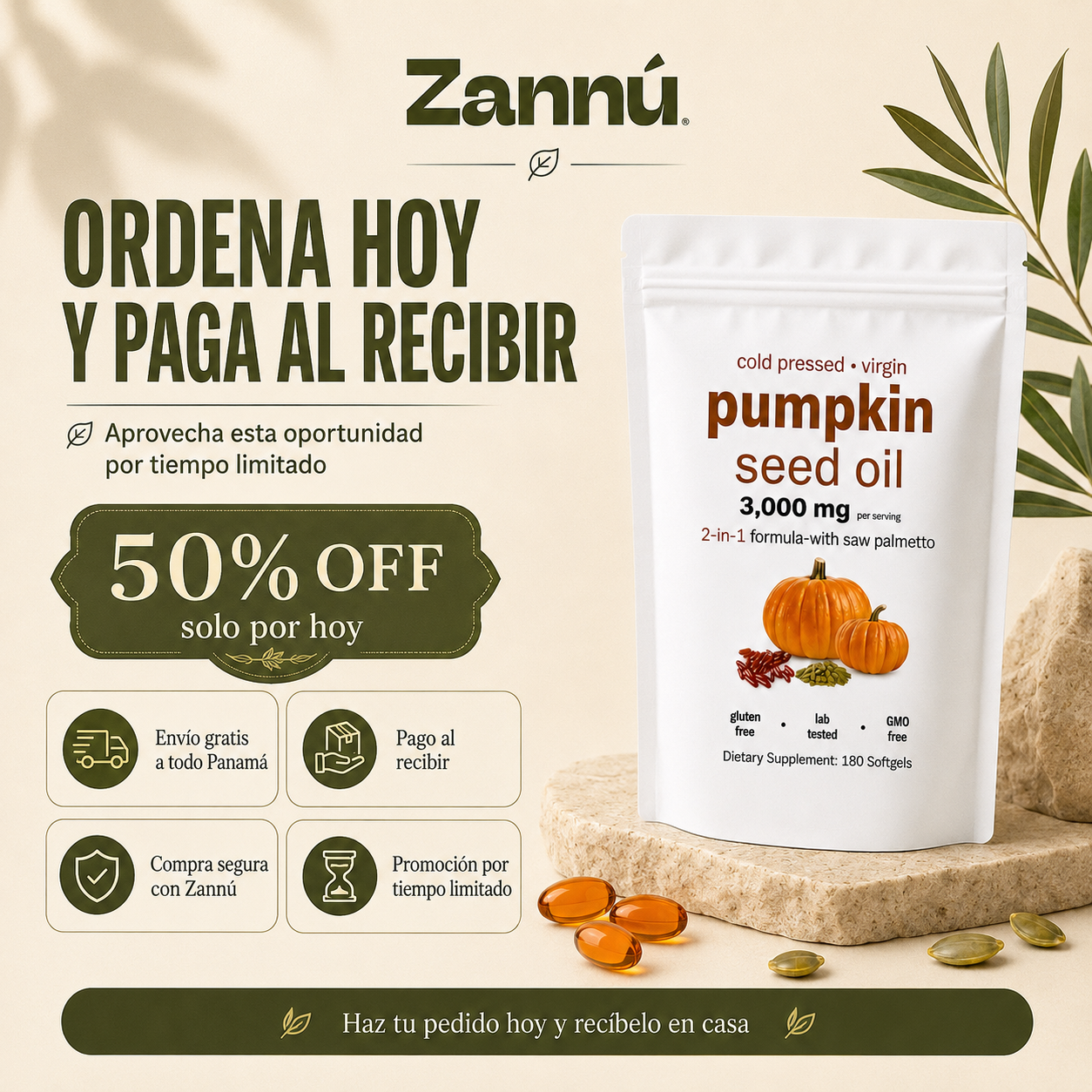 Aceite de Semilla de Calabaza 3000mg con Saw Palmetto | 180 Cápsulas