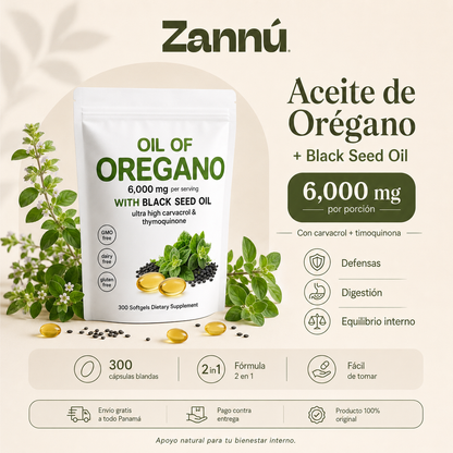 Aceite de Orégano + Aceite de Semilla Negra – 6,000 mg / 300 Cápsulas Blandas