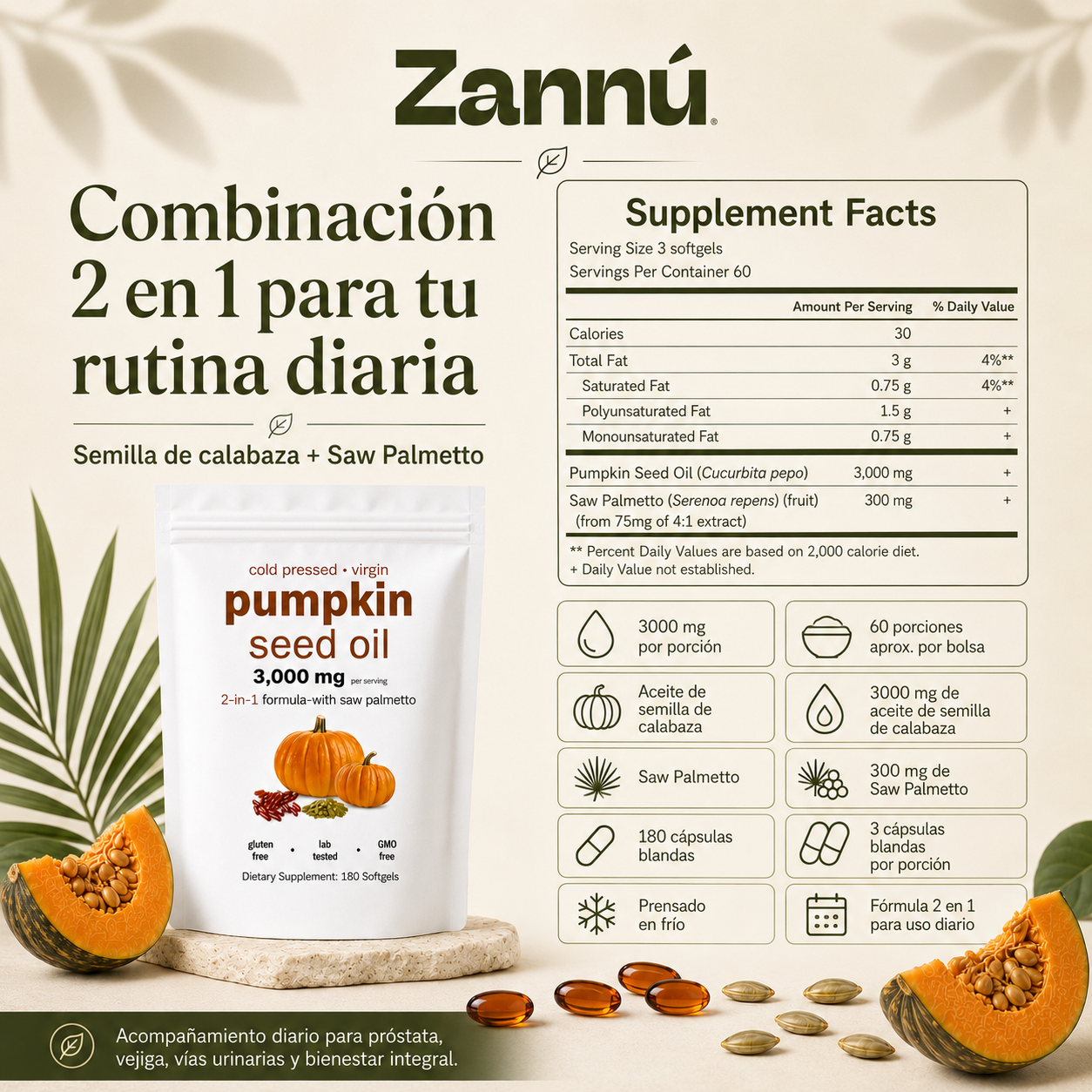 Aceite de Semilla de Calabaza 3000mg con Saw Palmetto | 180 Cápsulas